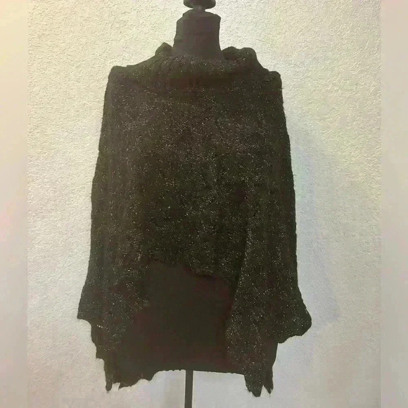 Studio Y Sweater Shawl Cowl Neck Black Silver Threads Crochet Knit Women's‎ M - Picture 1 of 8